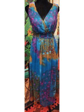 Peacock Feather Print Maxi Dress Deep Blue & Pink Smocked Waist Sleeveless Boho